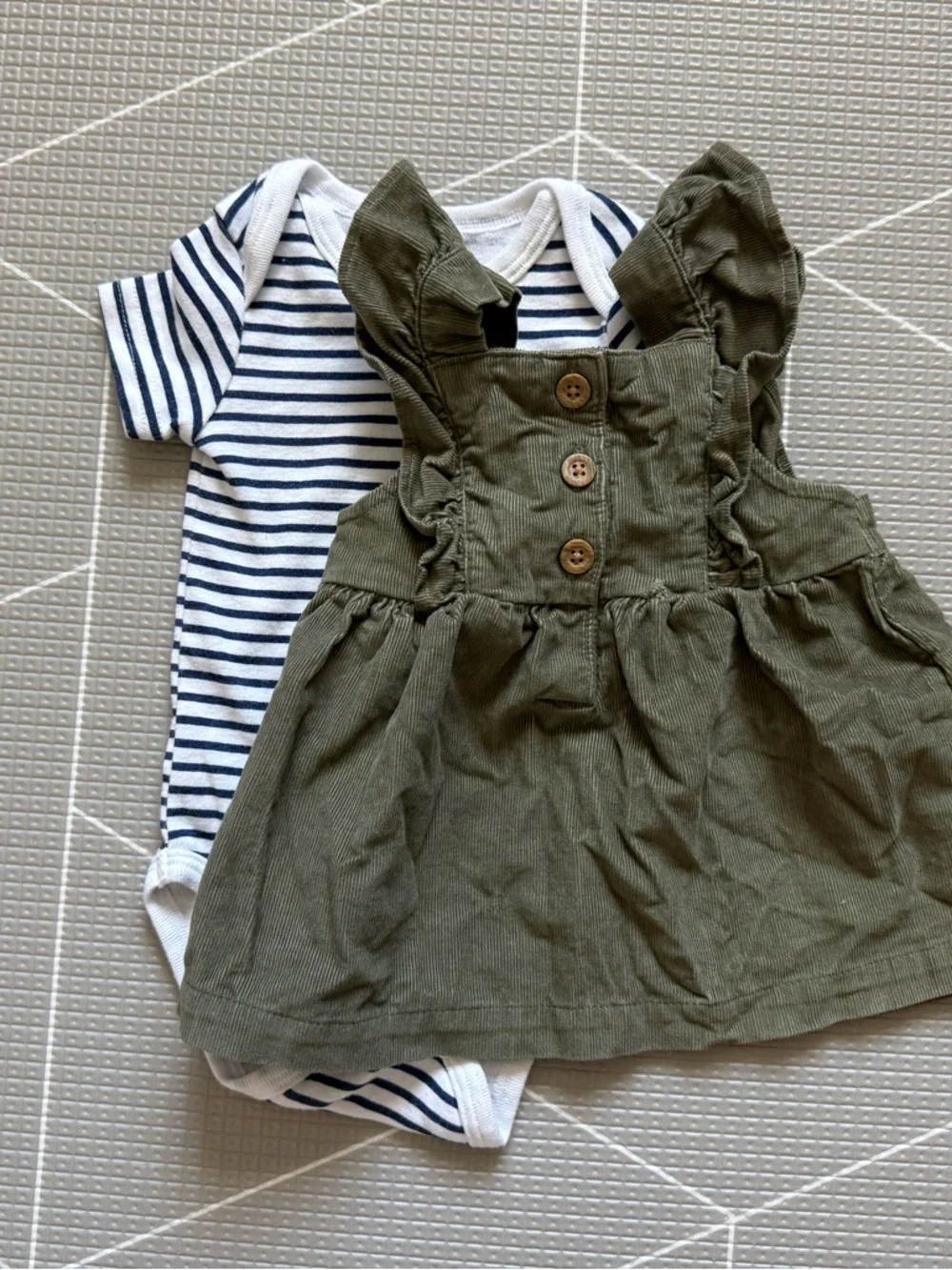Carters|Baby girl boho set,white Striped Onesie & Olive corduroy pinafore dress•